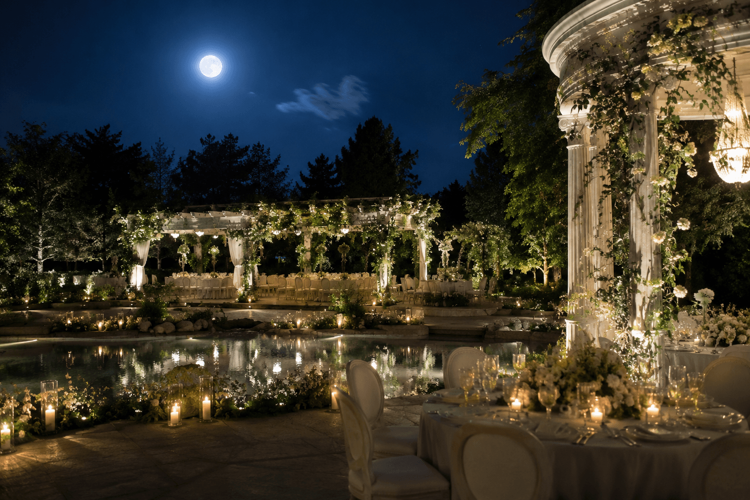 A moonlit garden wedding beside a candlelit reflecting pool